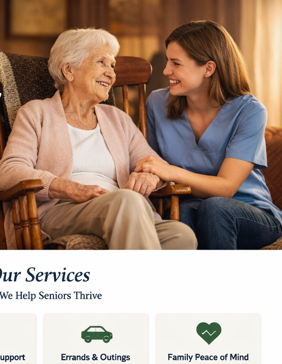 An elderly woman sitting in a rocking chair while a professional companion sits beside her in a warm living room.